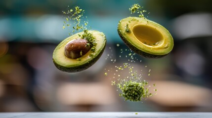 Hovering avocado halves with cilantro lime dressing jets against a softly blurred brunch cafe background