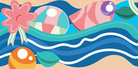 Vector illustration of a summer sea background with waves, shells, and marine animals