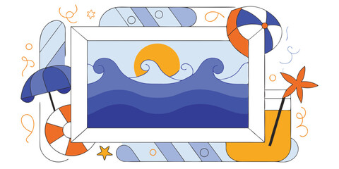 Vector illustration of a summer beach vacation with a car, sun, and sea, perfect for a travel and tourism concept design