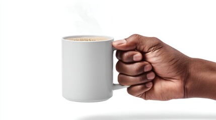 Clean commercial photograph of a human hand on a white background holding a steaming coffee mug
