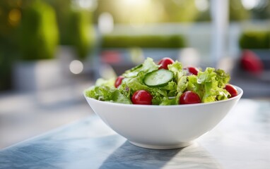 Fresh garden salad of mixed greens, cherry tomatoes and cucumber in a white bowl with softly blurred sunlit outdoor patio background