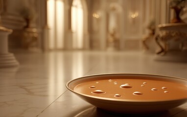 Floating bowl of creamy tomato bisque with basil oil droplets against a softly blurred elegant dining room backdrop