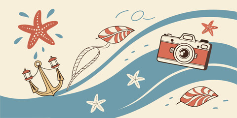 Funny cartoon vector set of sea animals for summer fun design