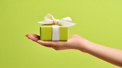 Studio shot of a human hand presenting a small gift box tied with ribbon against a bright lime green background