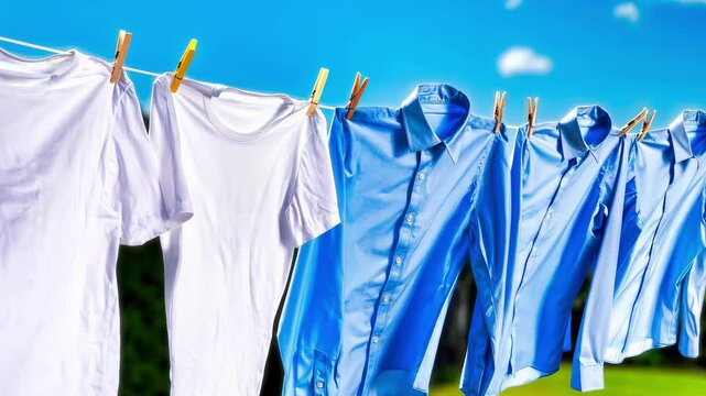 Fresh laundry hanging on clothesline outdoors. Blue and white shirts drying naturally in sunshine with wooden clothespins. Clean garments arranged neatly on washing line against bright sky. Domestic