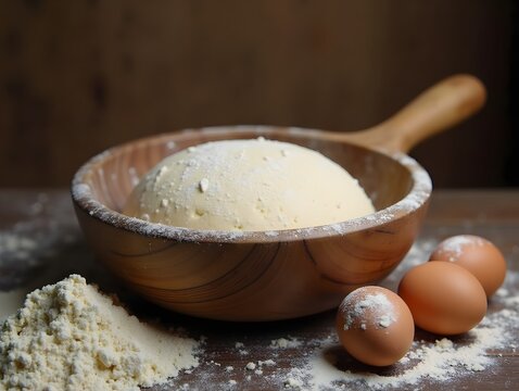 Rustic Kitchen Still Life Dough in a Wooden Bowl with Flour and Eggs