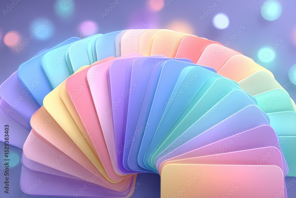 Poster pastel rainbow spectrum of color swatches arranged in a semi-circular shape, creating a visually app