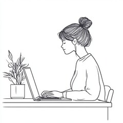 A simple line drawing of a woman working on the desk typing the laptop and looking at the monitor