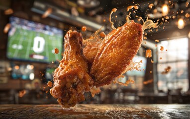 Floating chicken wings with spicy buffalo sauce splashes over a softly blurred sports bar backdrop
