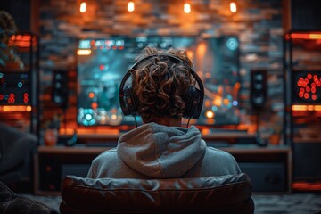 A focused gamer wearing headphones is seated in a dimly lit room, fully immersed in an exciting gaming experience, surrounded by an array of screens and ambient lights.