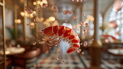 Floating lobster tail with drawn butter droplets against a softly blurred upscale seafood restaurant backdrop