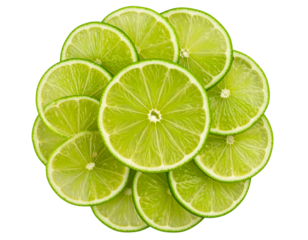 Circular Array of Thin Lime Slices, Flat-Lay Mandala Pattern, Isolated on Transparent Background