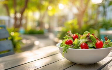 Fresh garden salad of mixed greens, cherry tomatoes and cucumber in a white bowl with softly blurred sunlit outdoor patio background