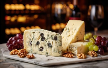 Gourmet cheese board with brie, blue cheddar, grapes and walnuts on a marble surface with softly blurred wine cellar background