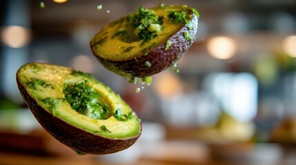Hovering avocado halves with cilantro lime dressing jets against a softly blurred brunch cafe background