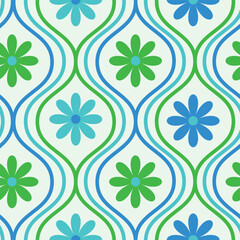  Retro blue , green and teal  flowers seamless pattern on vintage ogee oval waves on off white background. For home décor, wallpaper and fabric