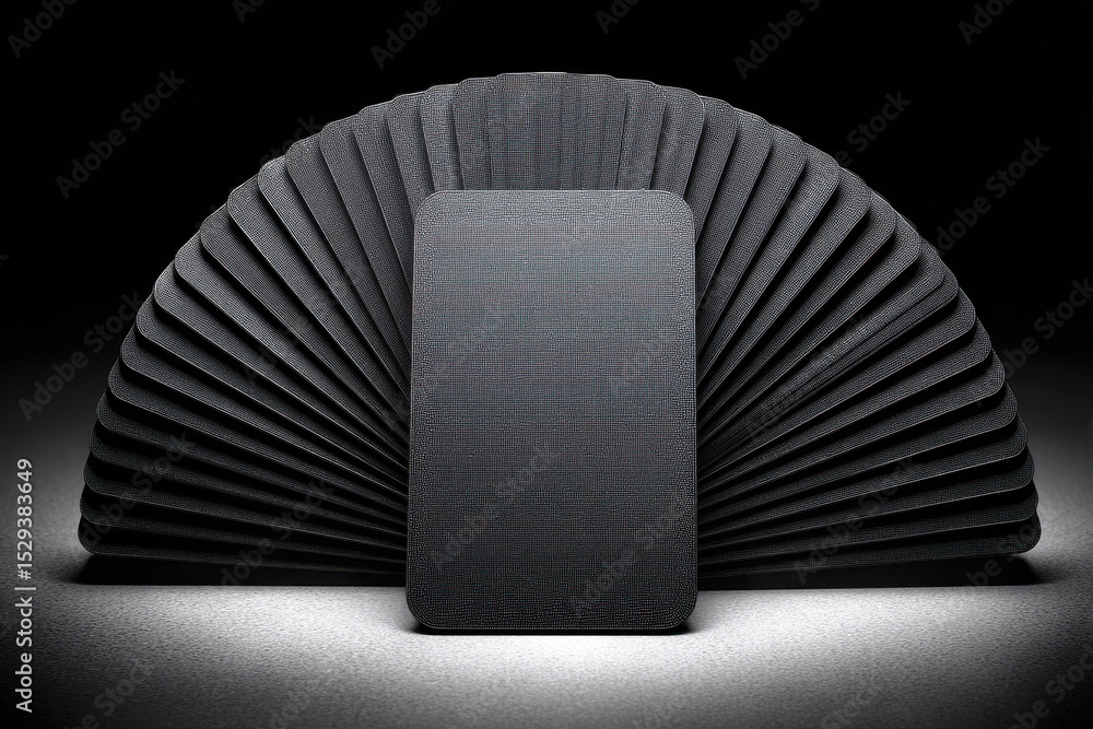 Poster dark textured rectangle standing against an array of similar textured panels, providing a dramatic a