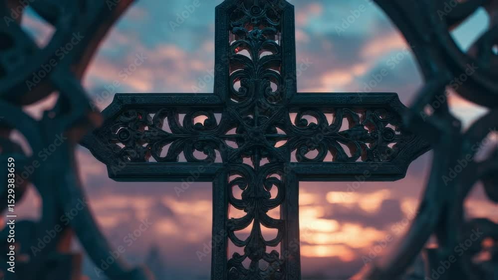 Poster closeup of the intricate patterns and textures of the cross, standing out against the soft, pastel c