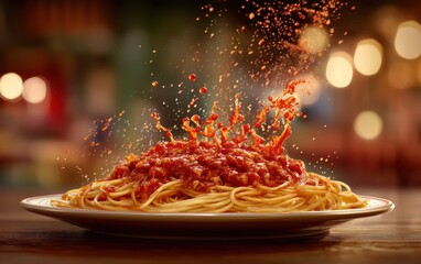 Levitating plate of spaghetti bolognese with rich tomato meat sauce splashes against a softly blurred trattoria interior background
