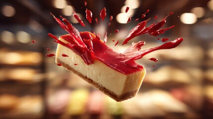 Mid-air cheesecake slice with vibrant strawberry coulis bursts over a softly blurred patisserie display background
