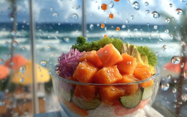 Levitating poke bowl ingredients tossing with soy ginger dressing droplets against a softly blurred seaside cafÃ© background