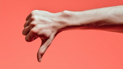Minimalist composition of a human hand showing a thumbs down gesture on a bright coral backdrop