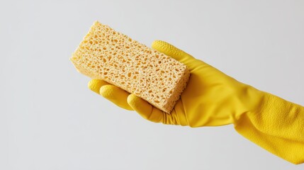 Minimal product style shot of a human hand on a white background wearing a yellow rubber cleaning glove holding a sponge