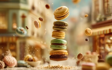 Mid-air macaron tower with ganache filling bursts against a softly blurred pastry shop scene background