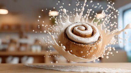 Mid-air cinnamon roll with cream cheese glaze splashes against a softly blurred cozy bakery counter background