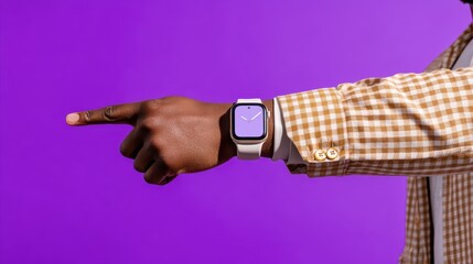 Modern product image of a human hand wearing a smartwatch and pointing at the screen on a vivid purple backdrop