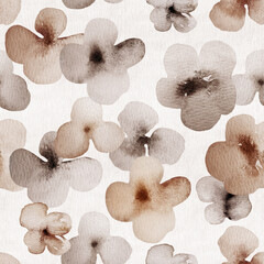 Watercolor flowers and pencil texture. Seamless monochrome design in brown tones.