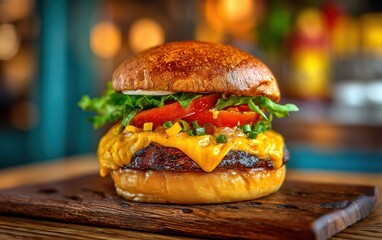 Mouthwatering gourmet cheeseburger with lettuce, tomato and melted cheese on a wooden board with softly blurred retro diner background