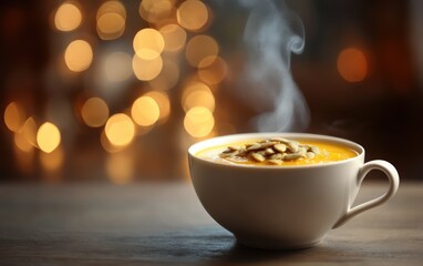 Steaming bowl of creamy pumpkin soup topped with pumpkin seeds on a wooden table with softly blurred cozy kitchen background