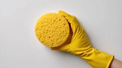 Minimal product style shot of a human hand on a white background wearing a yellow rubber cleaning glove holding a sponge