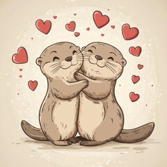 Two small otters hug, otters in a cartoon simple style, hearts are flying around