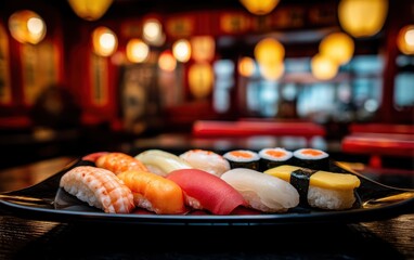 Cinematic overhead shot of a colorful sushi assortment on a glossy black plate with softly blurred Japanese restaurant interior background