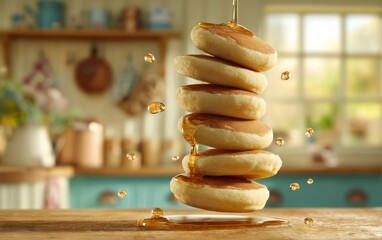 Suspended stack of fluffy pancakes bursting with golden maple syrup droplets over a softly blurred country kitchen backdrop