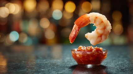Airborne shrimp cocktail with tangy cocktail sauce arcs over a softly blurred bar counter background