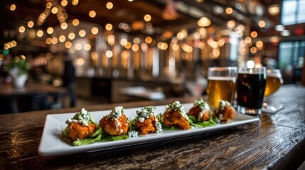 Weightless buffalo cauliflower bites with blue cheese drizzle against a softly blurred craft brewery backdrop