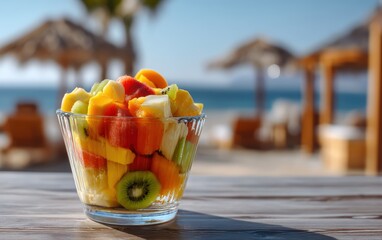 Vibrant tropical fruit salad of mango, pineapple and kiwi in a glass dish with softly blurred beachside cabana background