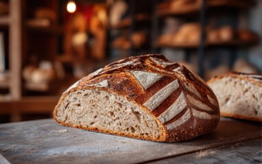Artisanal sourdough loaf sliced on a cutting board with softly blurred rustic bakery background