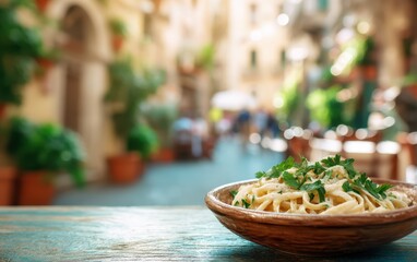 Creamy fettuccine alfredo garnished with parsley in a rustic ceramic dish with softly blurred Italian trattoria background