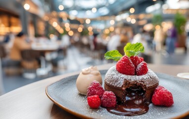 Decadent chocolate lava cake with molten center on a dessert plate with softly blurred patisserie shop background