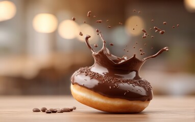 Airborne chocolate glazed donut erupting with glossy chocolate icing splatters on a softly blurred cafÃ© scene background