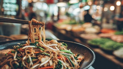 Weightless pad thai noodles with peanut sauce arcs against a softly blurred street food stall background