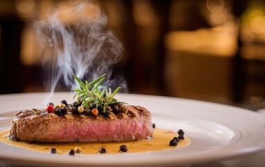 Weightless grilled steak slice surrounded by peppercorn sauce jets against a softly blurred upscale steakhouse background