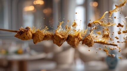 Floating chicken tikka skewers with curry sauce splatters against a softly blurred Indian restaurant background