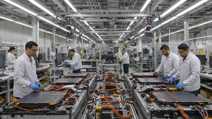 Factory Workers Assembling Electric Vehicle Battery Packs - Powered by Adobe
