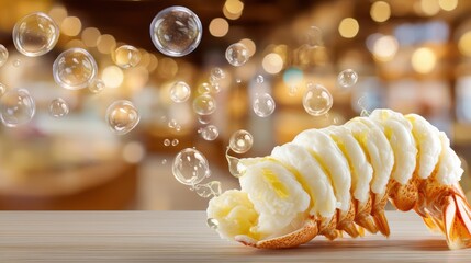 Floating lobster tail with drawn butter droplets against a softly blurred upscale seafood restaurant backdrop