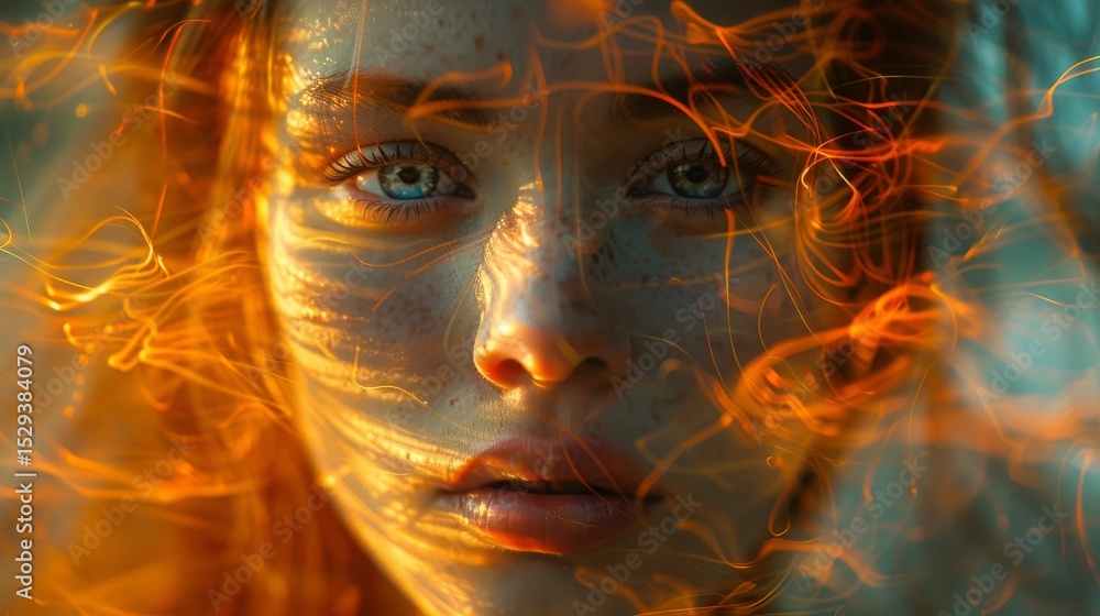 Poster a stunning close-up portrait captures a person’s expressive face with abstract light patterns swirli